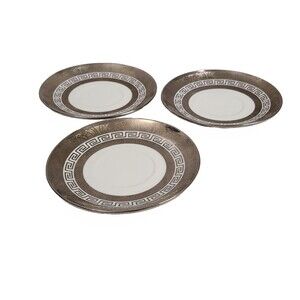 Set of 3 Saucers 5.5" Meander Pattern Brown Silver White Mediterranean Style